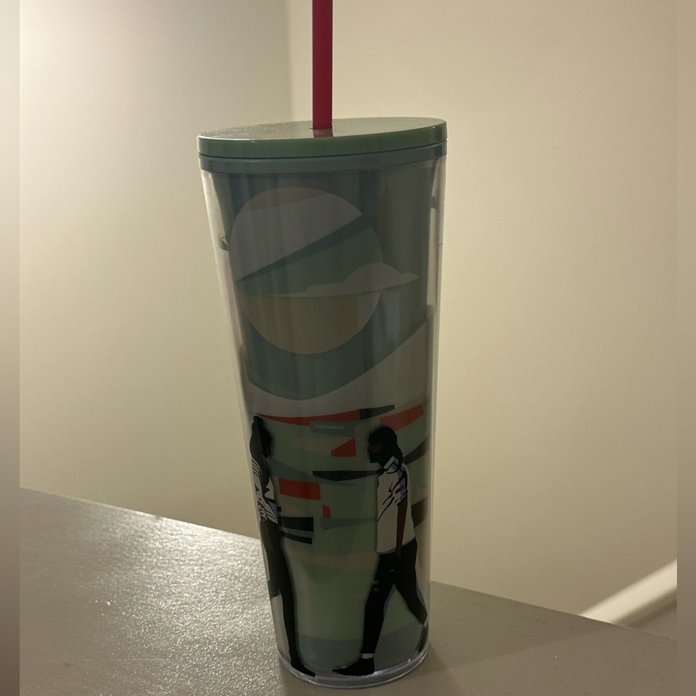 New 11 in tall Starbucks Coffee cup with lid & straw LOU & Starbucks 2 people